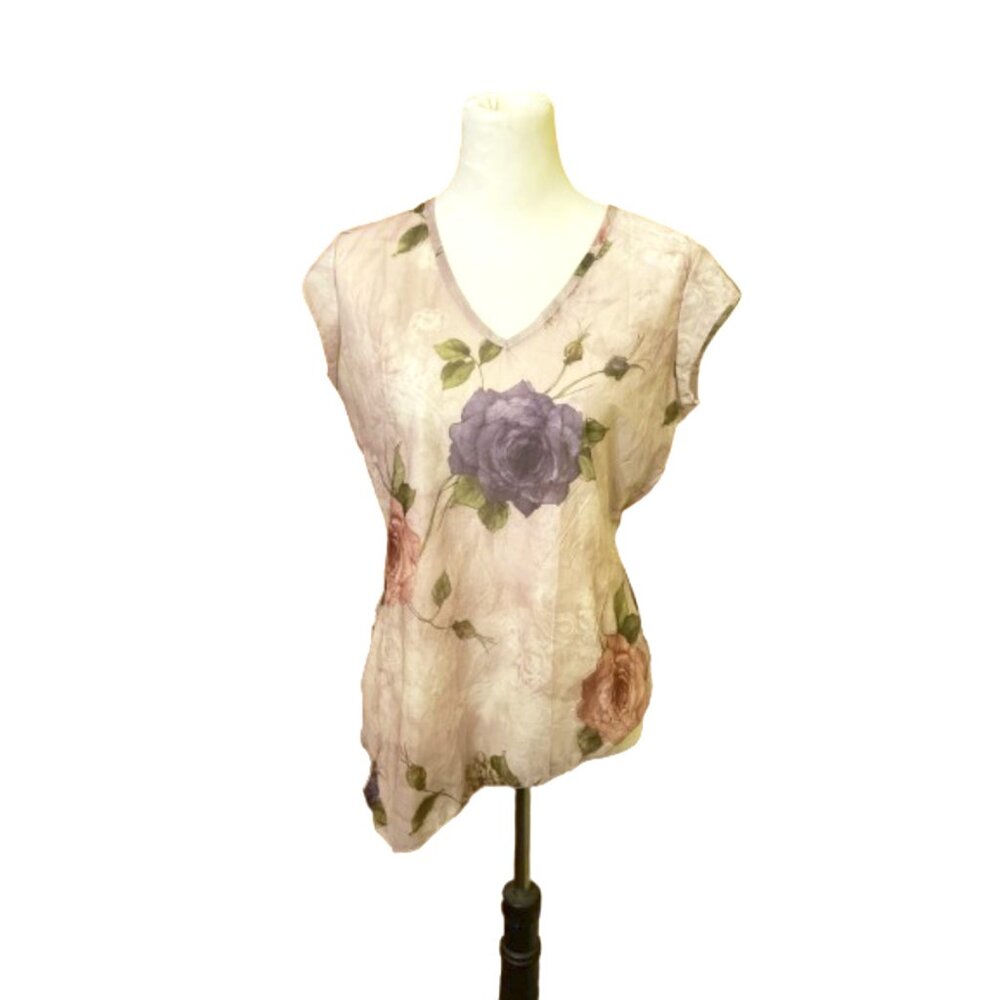 Sheer asymmetrical pink flower printed blouse L